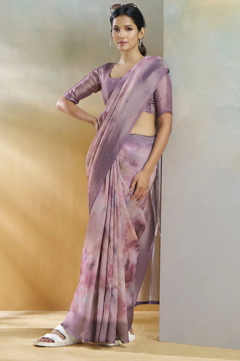 Elaborate Lavender Digital Printed Soft Silk Saree With Sophisticated Blouse Piece - Image 3
