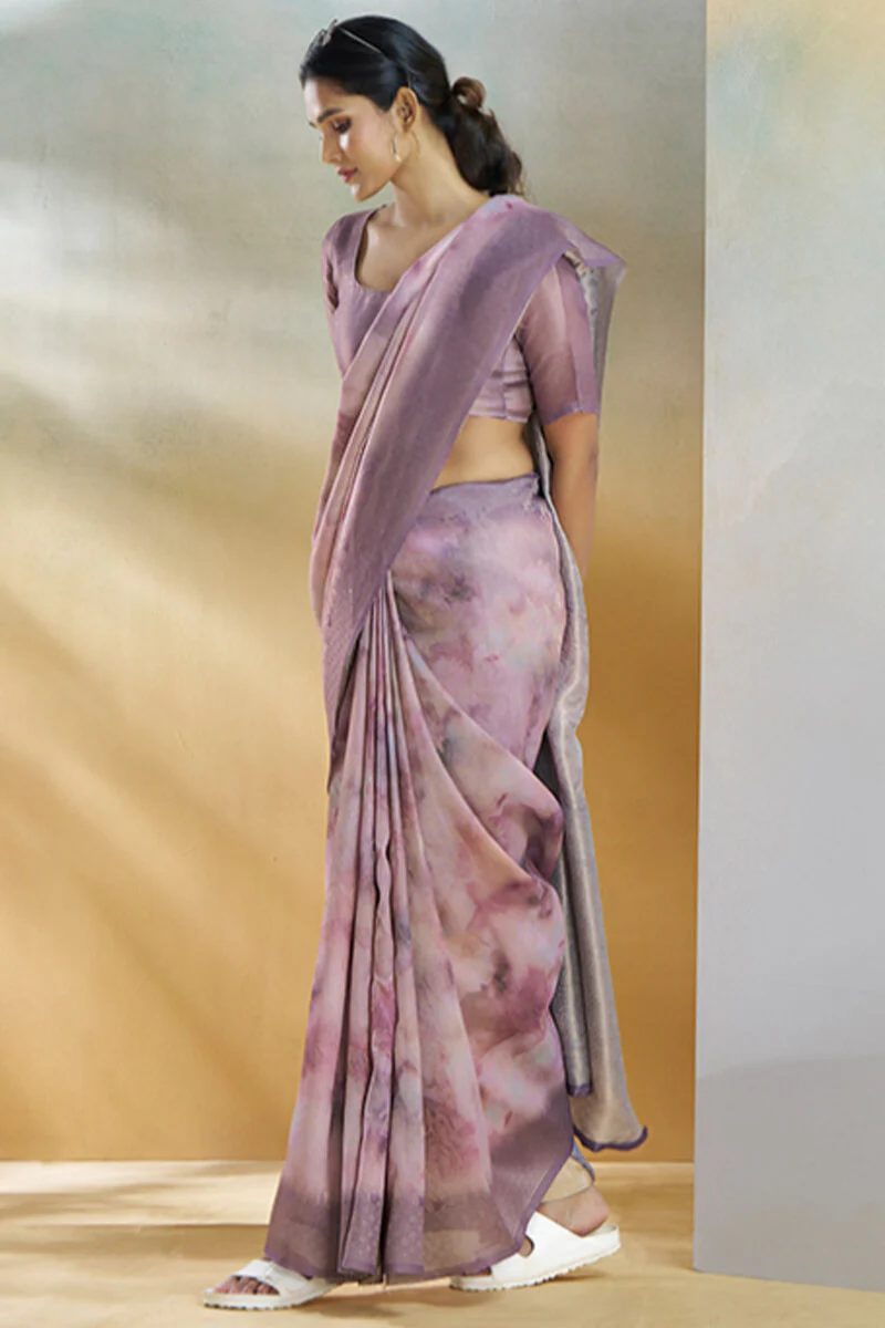 Elaborate Lavender Digital Printed Soft Silk Saree With Sophisticated Blouse Piece - Image 5