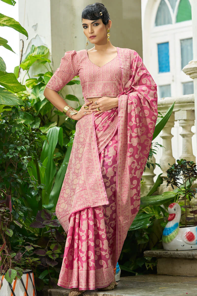Elaborate Pink Lucknowi Silk Saree With Splendiferous Blouse Piece - Image 3
