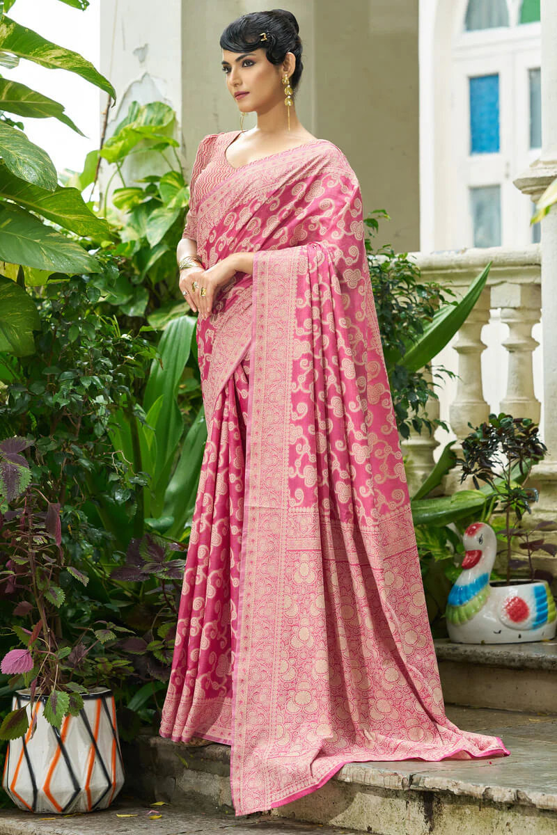 Elaborate Pink Lucknowi Silk Saree With Splendiferous Blouse Piece - Image 5