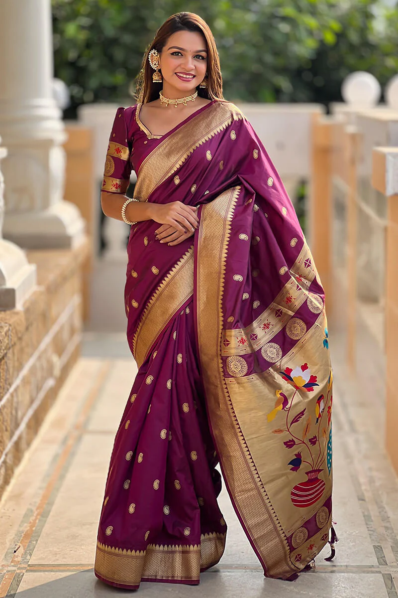 Elaborate Purple Paithani Silk Saree With Scintillating Blouse Piece - Image 3