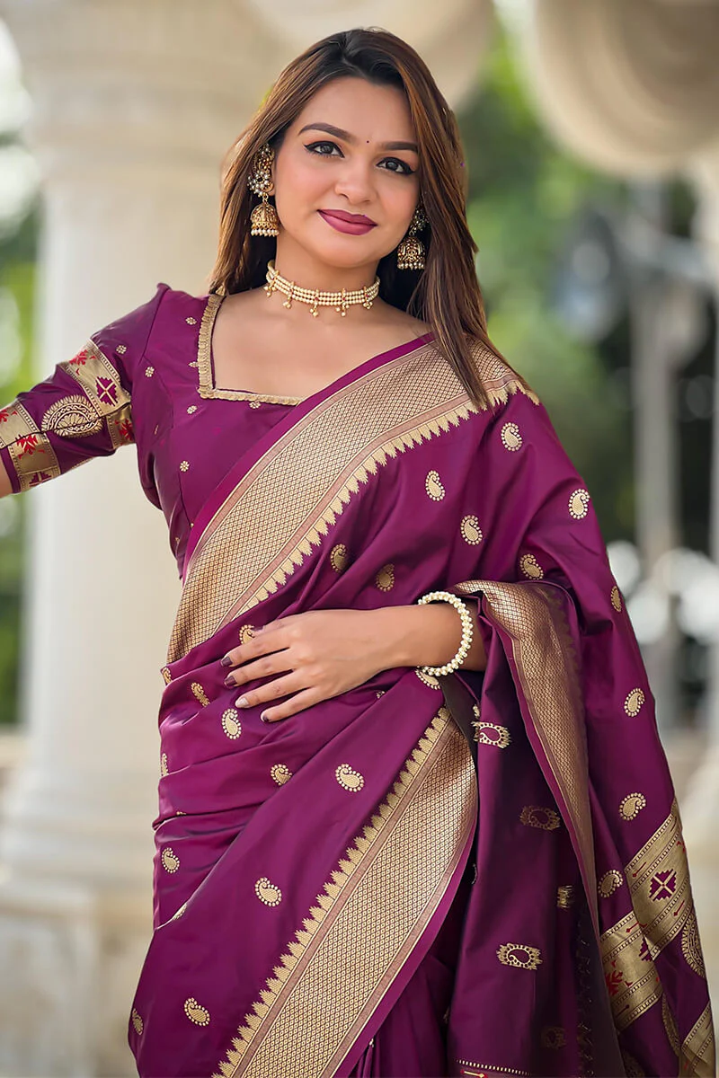 Elaborate Purple Paithani Silk Saree With Scintillating Blouse Piece - Image 4