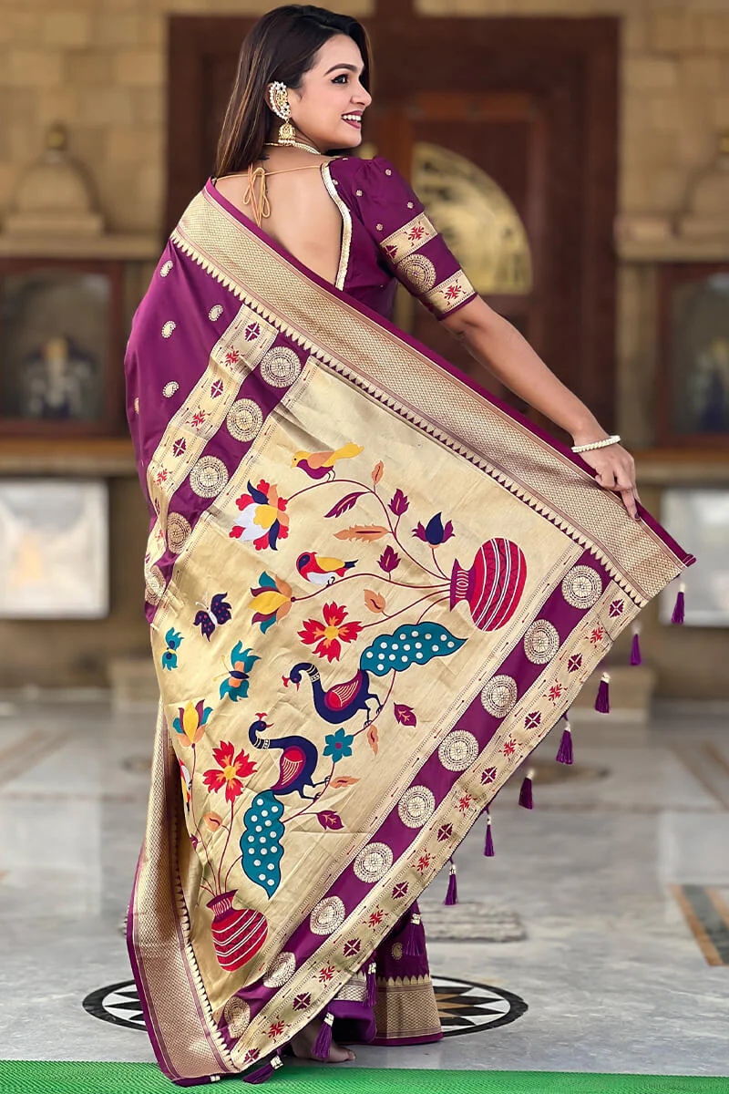 Elaborate Purple Paithani Silk Saree With Scintillating Blouse Piece - Image 5