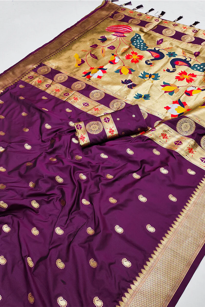 Elaborate Purple Paithani Silk Saree With Scintillating Blouse Piece - Image 7