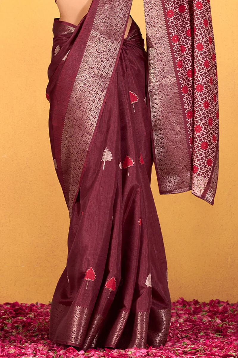 Elaborate Wine Foil Printed Dola Silk Saree With Unequalled Blouse Piece - Image 3