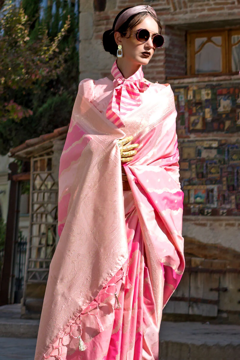 Elegant Baby Pink Soft Banarasi Silk Saree With Jazzy Blouse Piece - Image 3