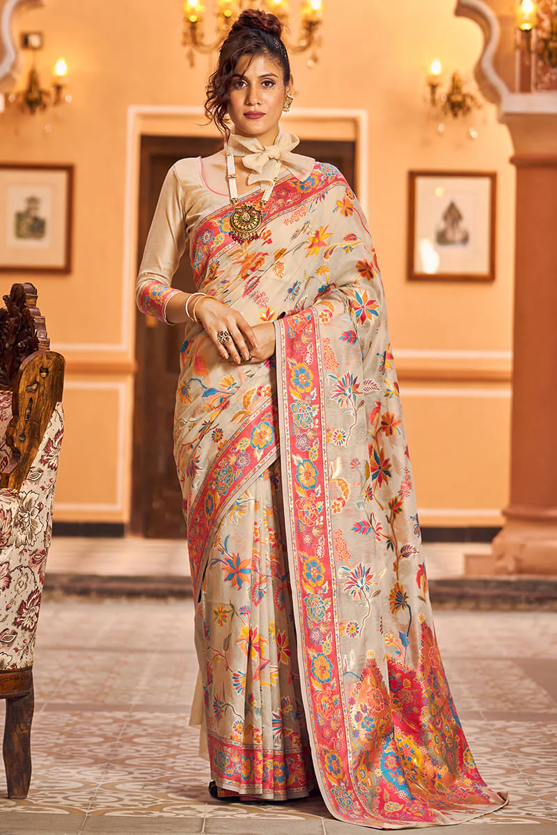 Elegant Beige Linen Silk Saree With Surpassing Blouse Piece - Image 3
