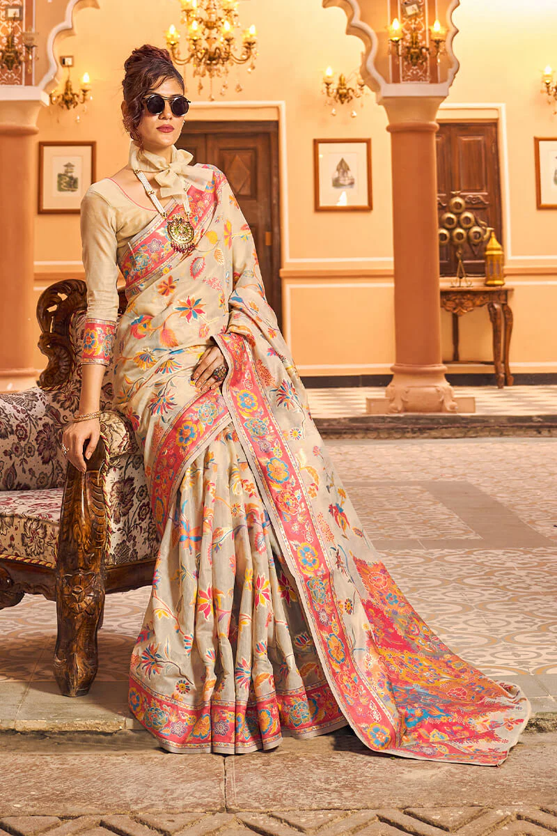 Elegant Beige Linen Silk Saree With Surpassing Blouse Piece - Image 4
