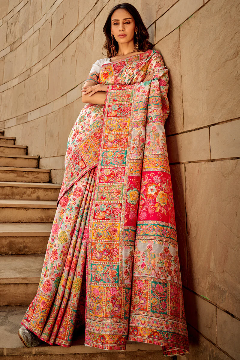 Elegant Beige Pashmina Saree With Adorning Blouse Piece - Image 5