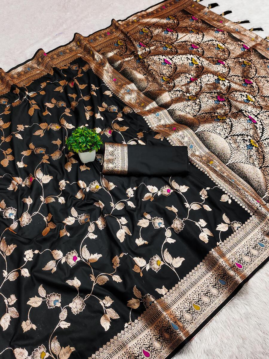 Elegant Black Pure Zari Weaving Banarasi Silk Saree With Assemblage Blouse Piece