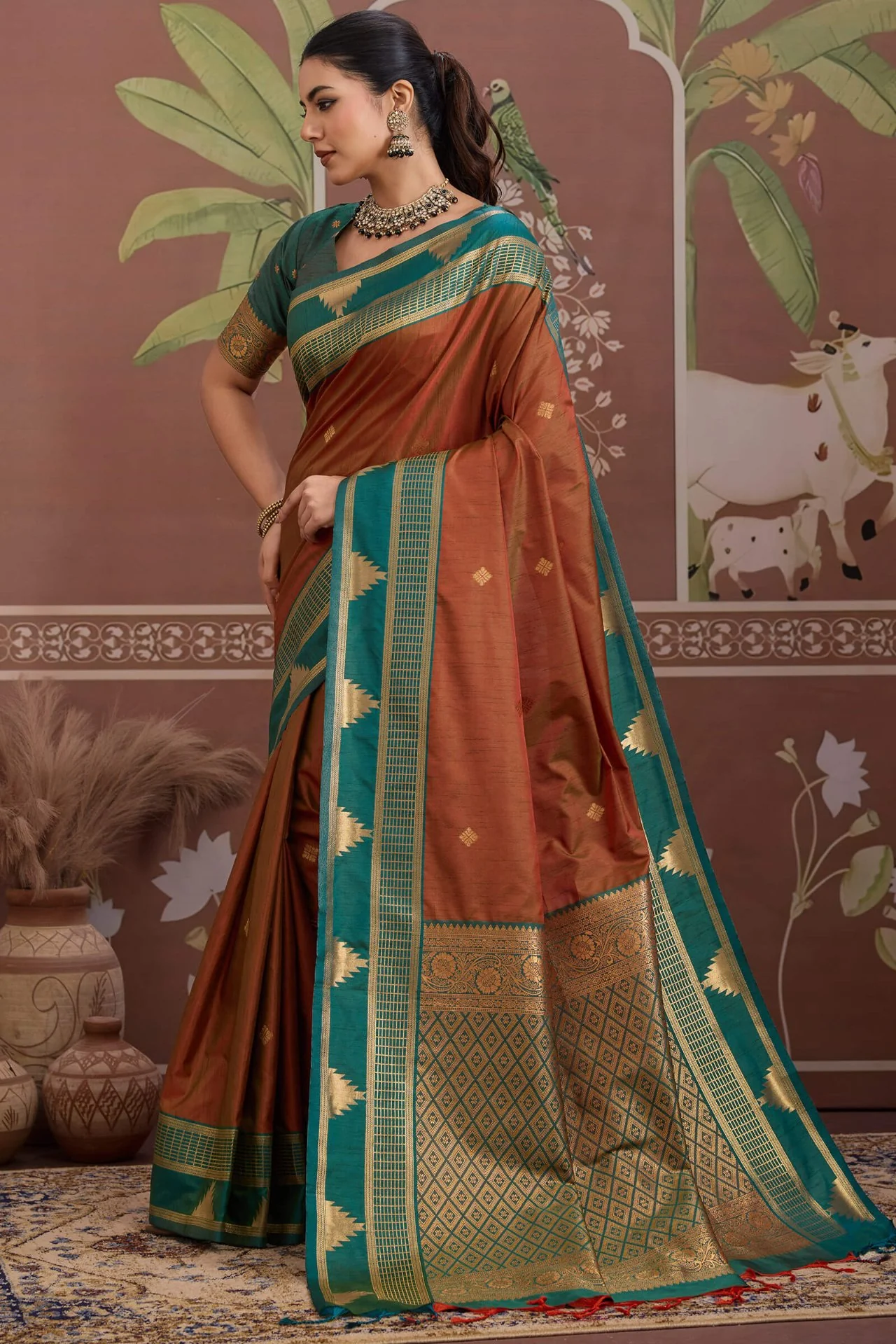 Elegant Brown Banarasi Tussar Silk Saree With Ineffable Blouse Piece - Image 5