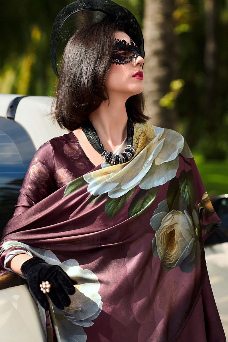 Elegant Brown Digital Printed Satin Silk Saree With Sophisticated Blouse Piece - Image 3