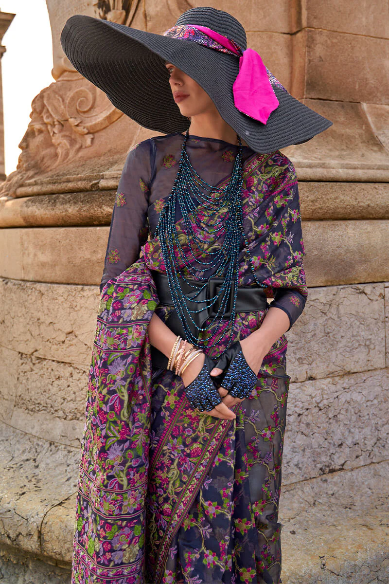 Elegant Navy Blue Pashmina saree With Dazzling Blouse Piece - Image 2