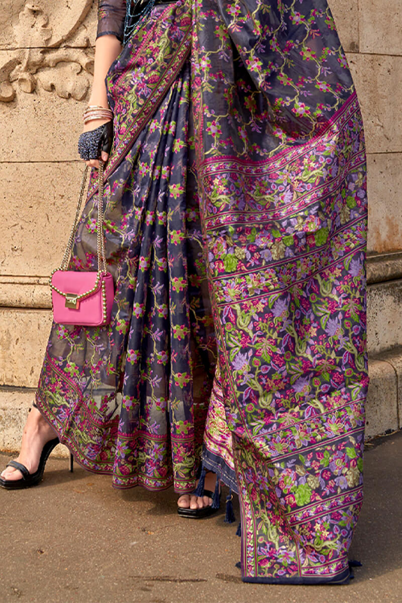 Elegant Navy Blue Pashmina saree With Dazzling Blouse Piece - Image 3