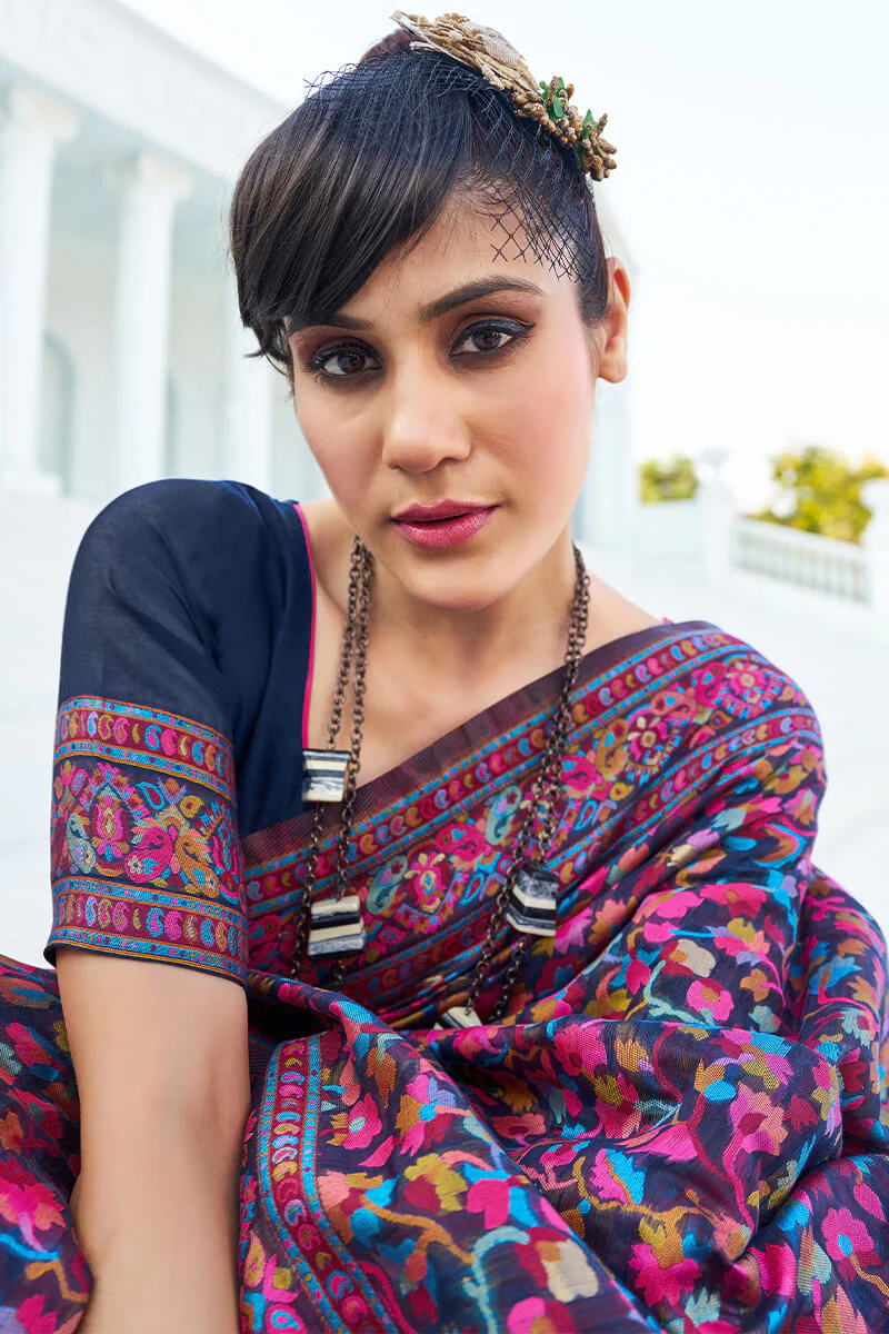 Elegant Navy Blue Pashmina saree With Intricate Blouse Piece - Image 2