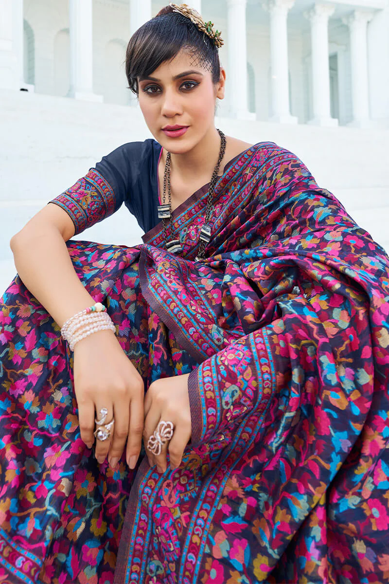 Elegant Navy Blue Pashmina saree With Intricate Blouse Piece - Image 3