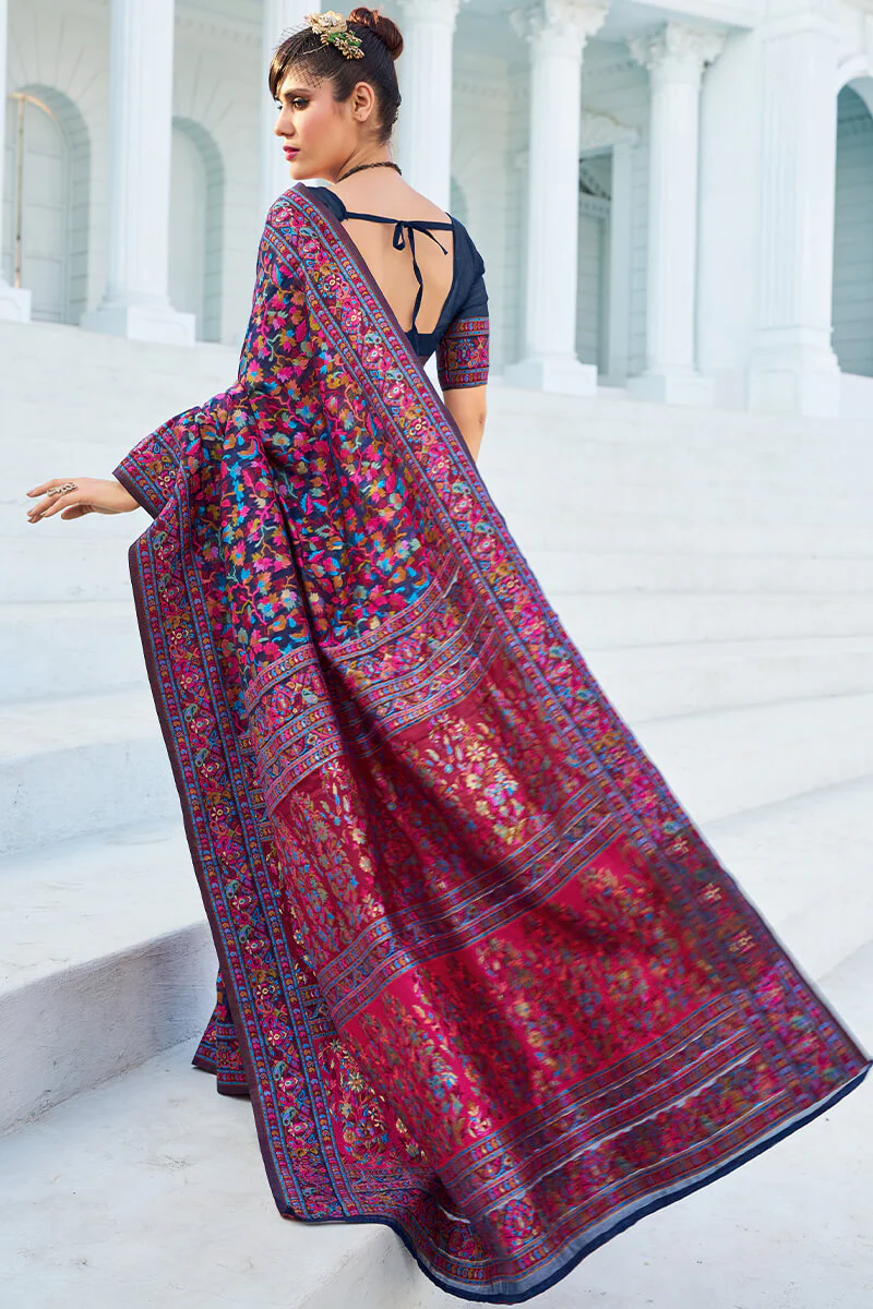 Elegant Navy Blue Pashmina saree With Intricate Blouse Piece - Image 5