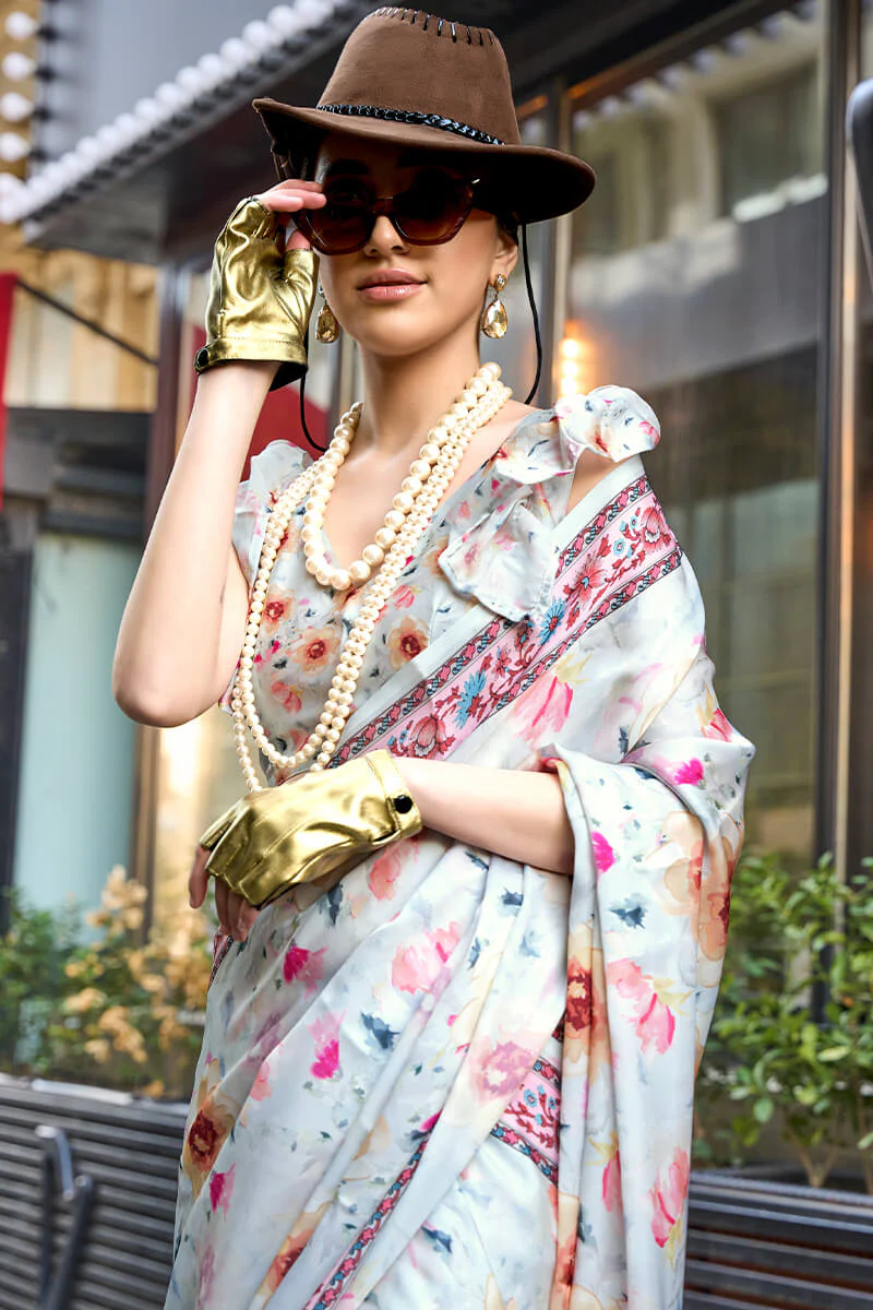 Elegant Off White Digital Printed Satin Silk Saree With Lovely Blouse Piece - Image 2