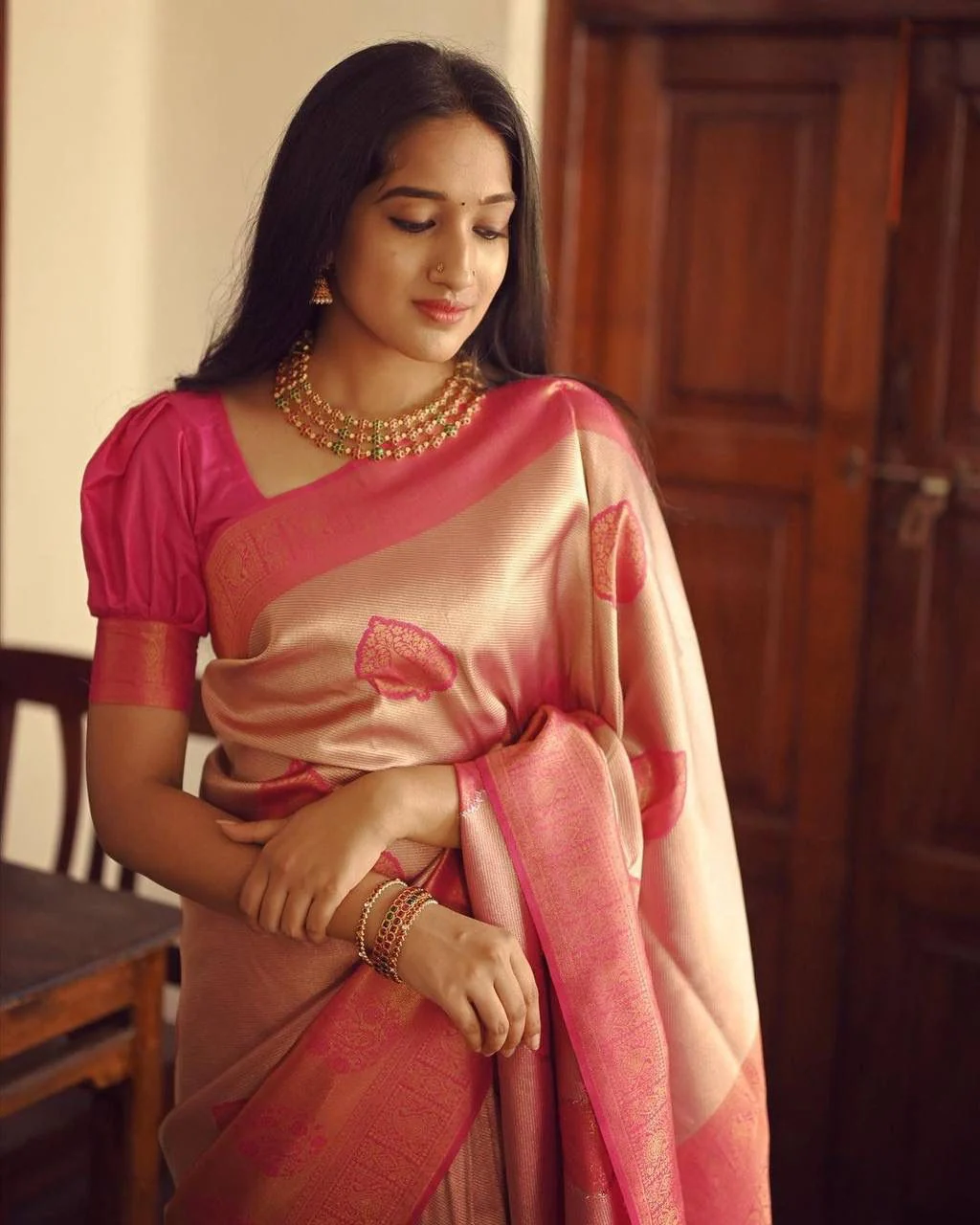 Elegant Peach Soft Silk Saree With Unique Blouse Piece - Image 4