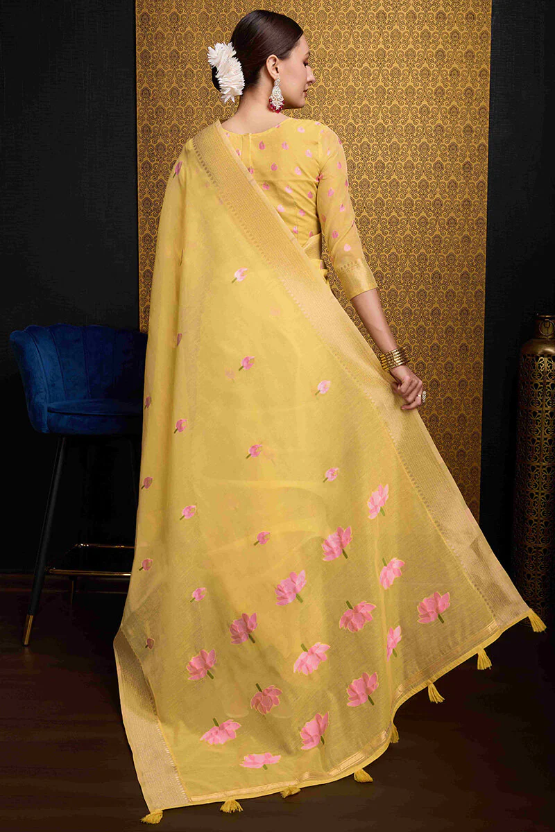 Elegant Yellow Cotton Silk Saree With Mesmeric Blouse Piece - Image 6
