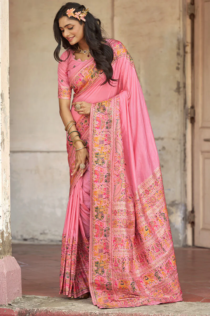 Elision Baby Pink Pashmina Saree With Demure Blouse Piece - Image 4