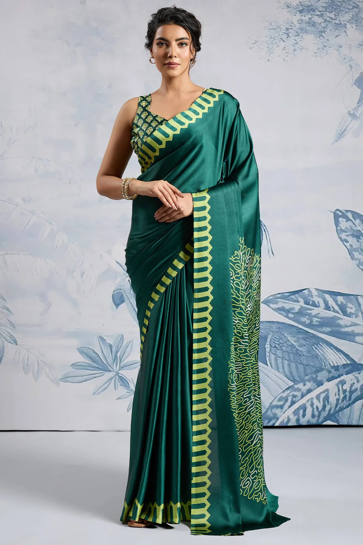Elision Dark Green Ajrakh Printed Satin Silk Saree With Desiring Blouse Piece - Image 5