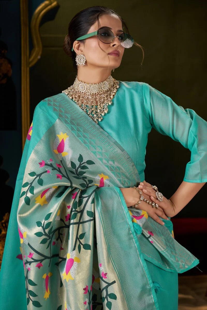 Elision Turquoise Cotton Silk Saree With Nemesis Blouse Piece - Image 2