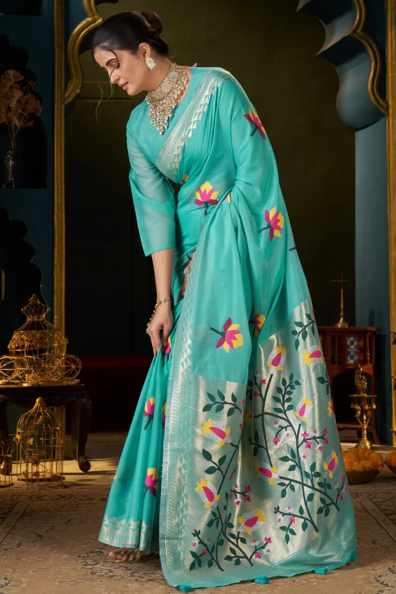 Elision Turquoise Cotton Silk Saree With Nemesis Blouse Piece - Image 3
