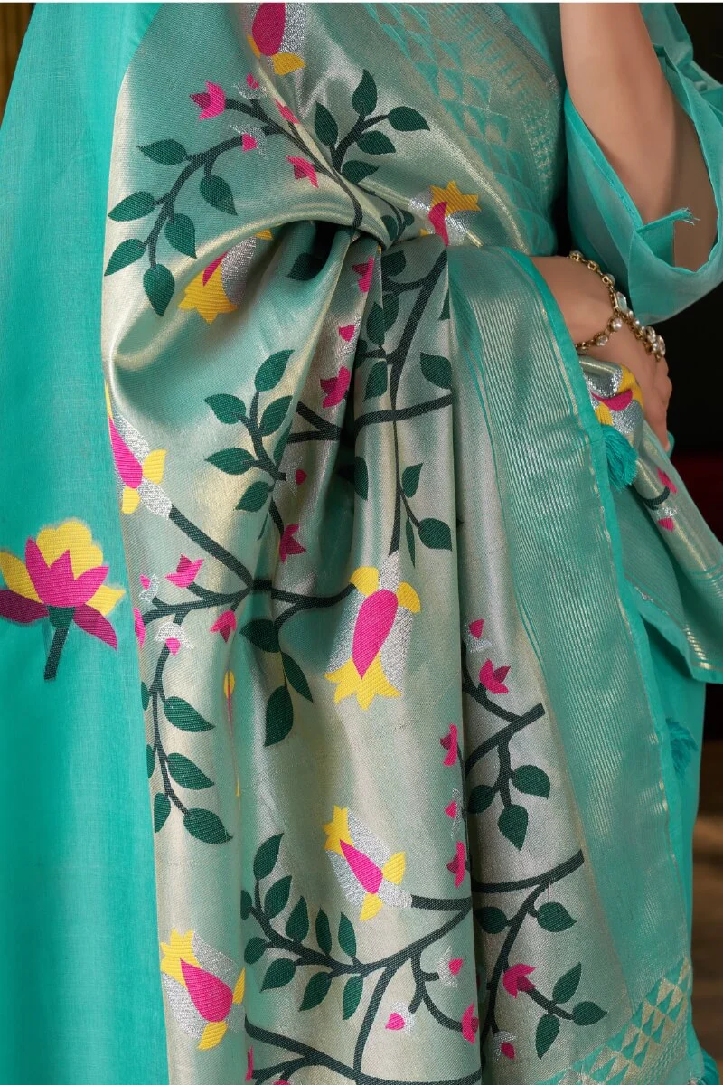 Elision Turquoise Cotton Silk Saree With Nemesis Blouse Piece - Image 4
