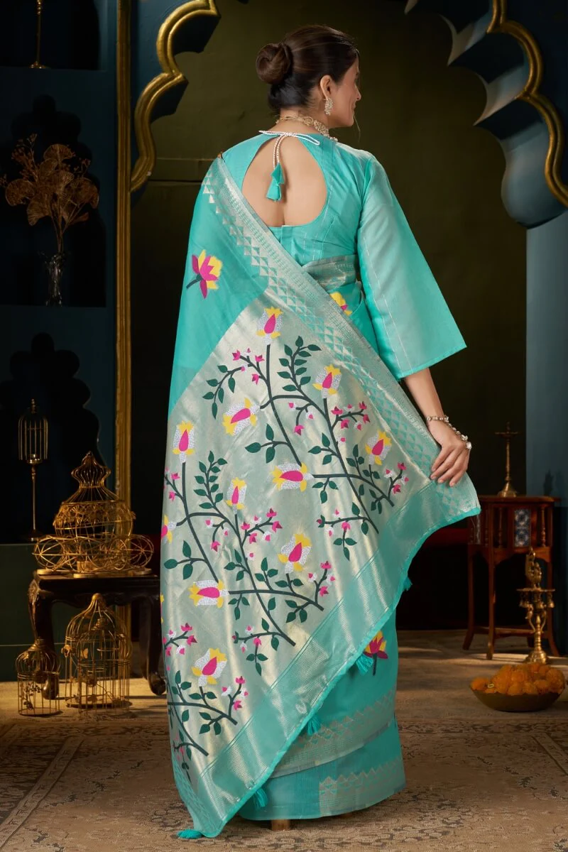 Elision Turquoise Cotton Silk Saree With Nemesis Blouse Piece - Image 6