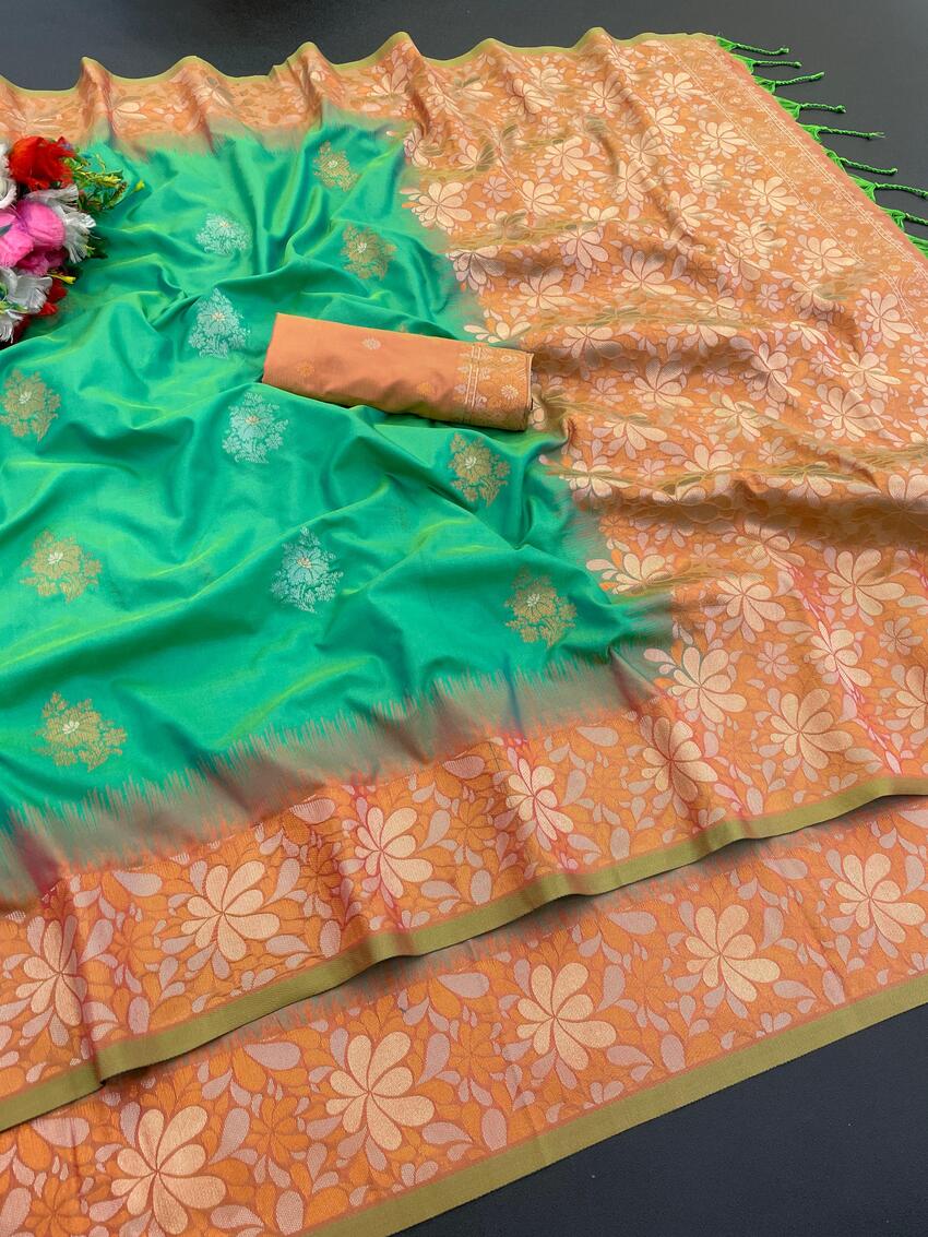 Eloquence Green Soft Banarasi Silk Saree With Whimsical Blouse Piece - Image 2