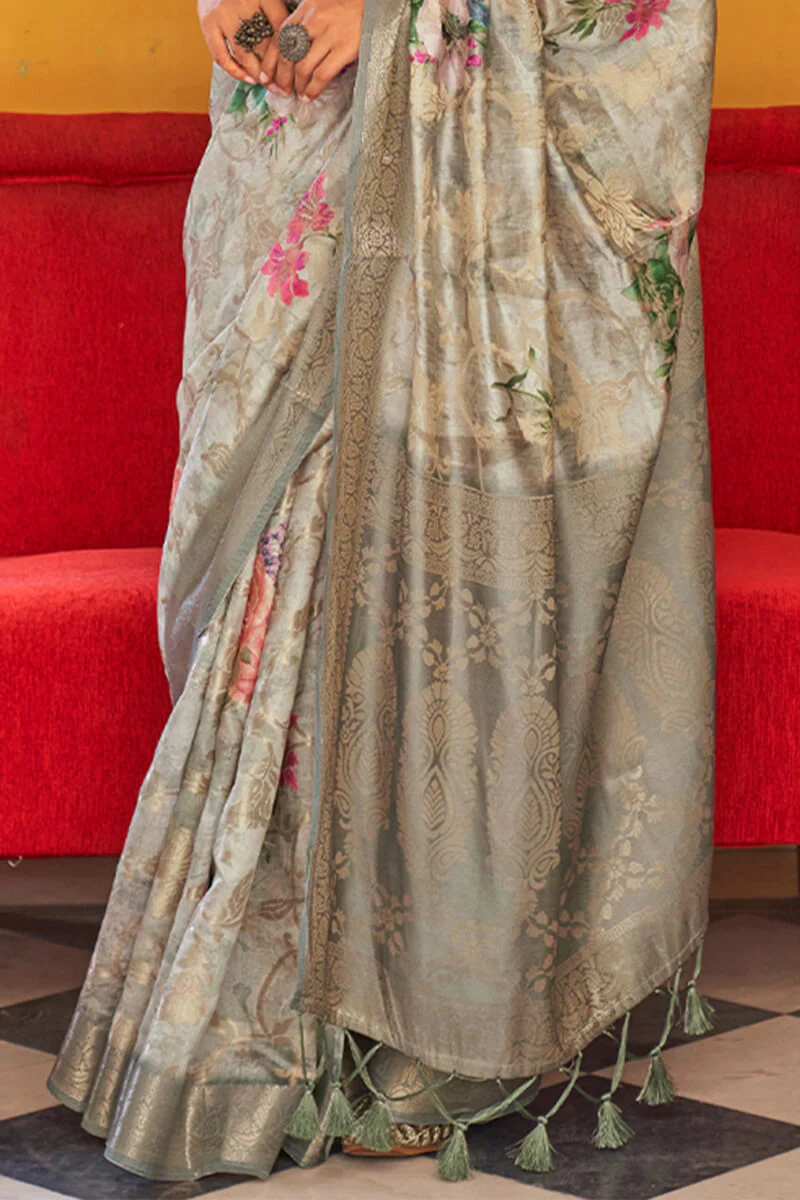 Eloquence Grey Digital Printed Cotton Silk Saree With Smashing Blouse Piece - Image 3