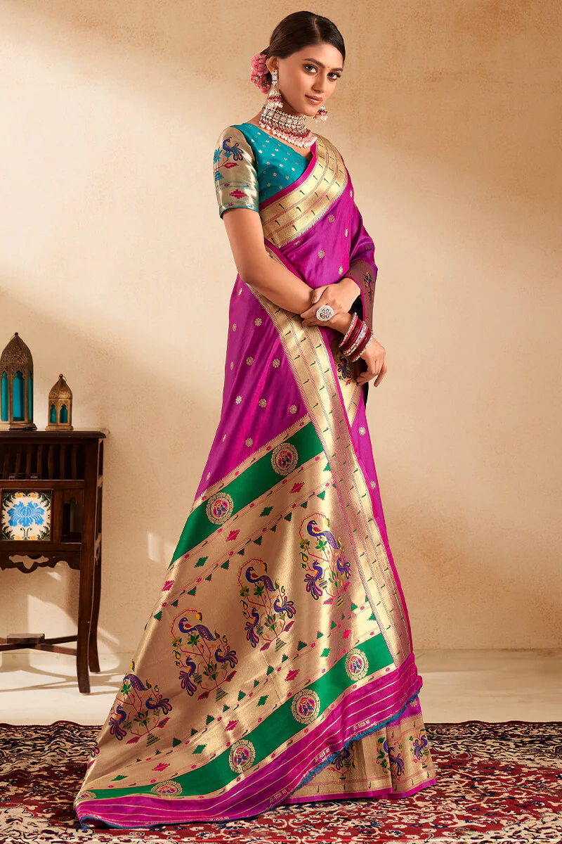 Eloquence Magenta Paithani Silk Saree With Fantabulous Blouse Piece - Image 2