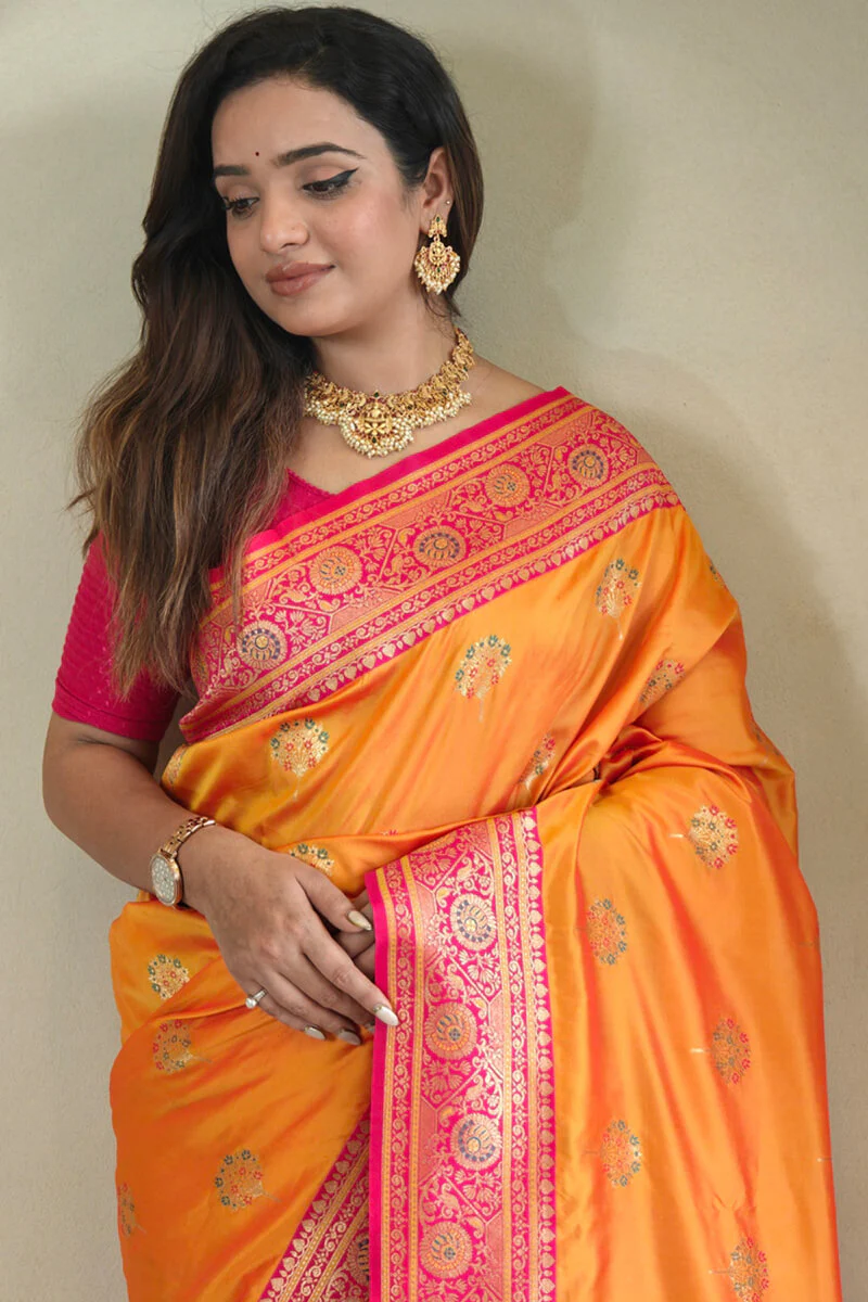 Eloquence Orange Soft Banarasi Silk Saree With Mellifluous Blouse Piece - Image 3