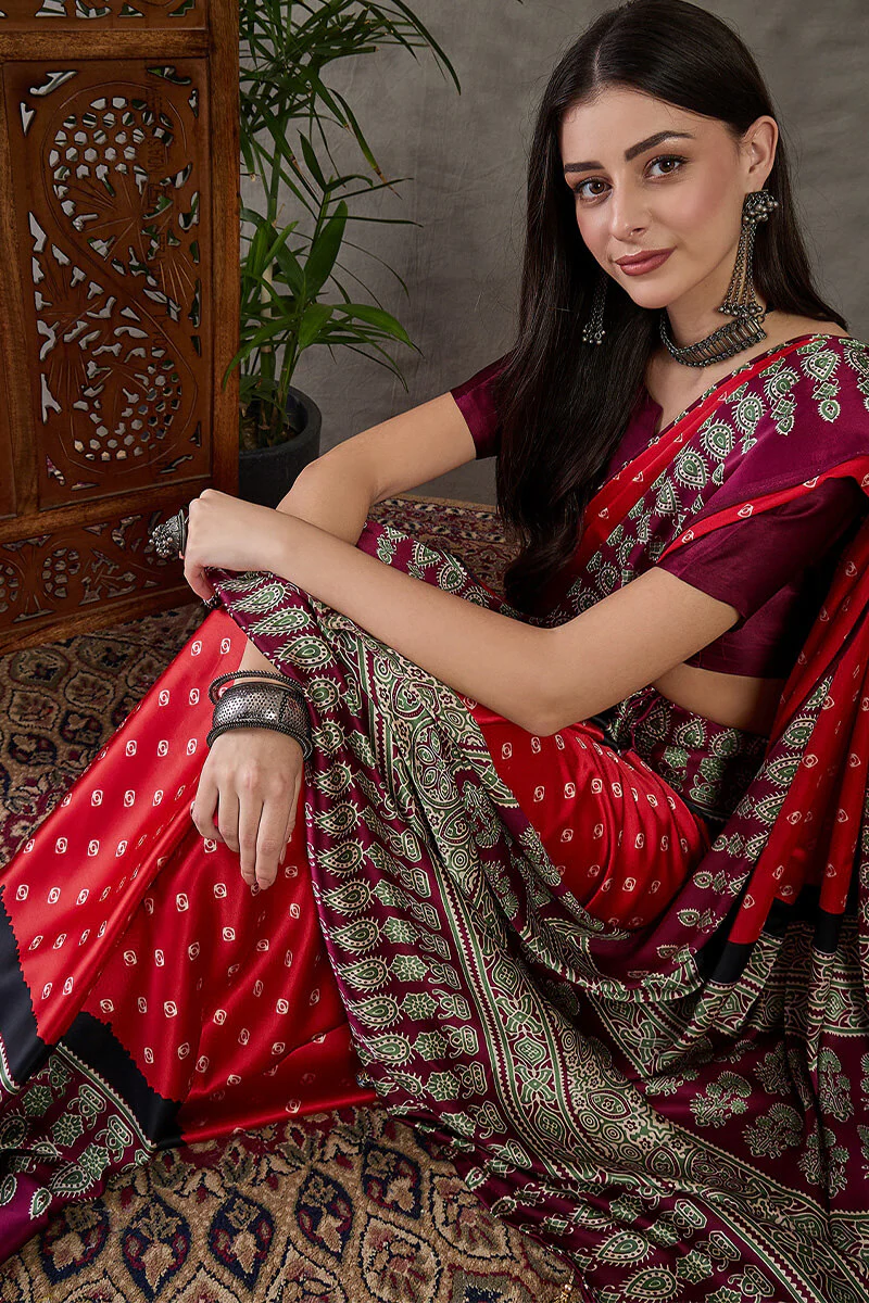 Eloquence Red Ajrakh Printed Semi Modal Silk Saree With Groovy Blouse Piece - Image 4