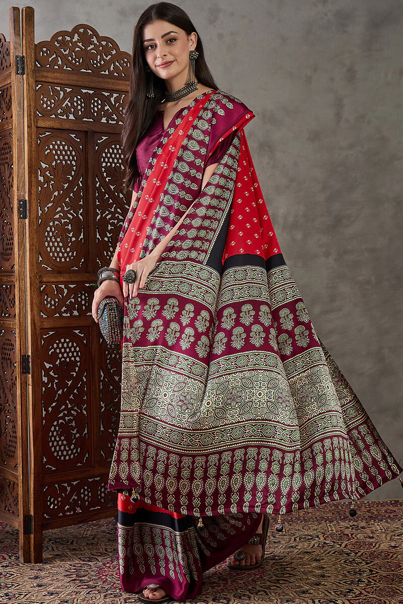 Eloquence Red Ajrakh Printed Semi Modal Silk Saree With Groovy Blouse Piece - Image 5