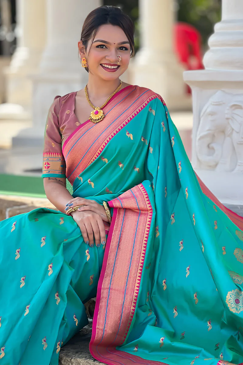 Eloquence Sea Green Paithani Silk Saree With Fugacious Blouse Piece - Image 4