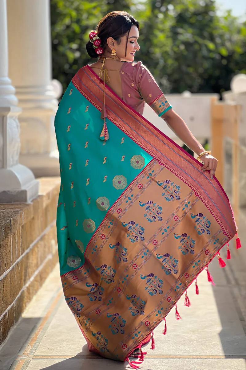 Eloquence Sea Green Paithani Silk Saree With Fugacious Blouse Piece - Image 7