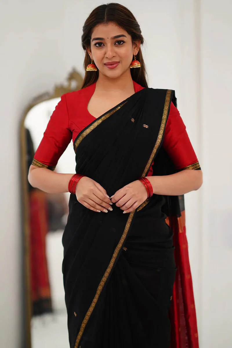 Embellished Black Cotton Silk Saree With Ethereal Blouse Piece - Image 2
