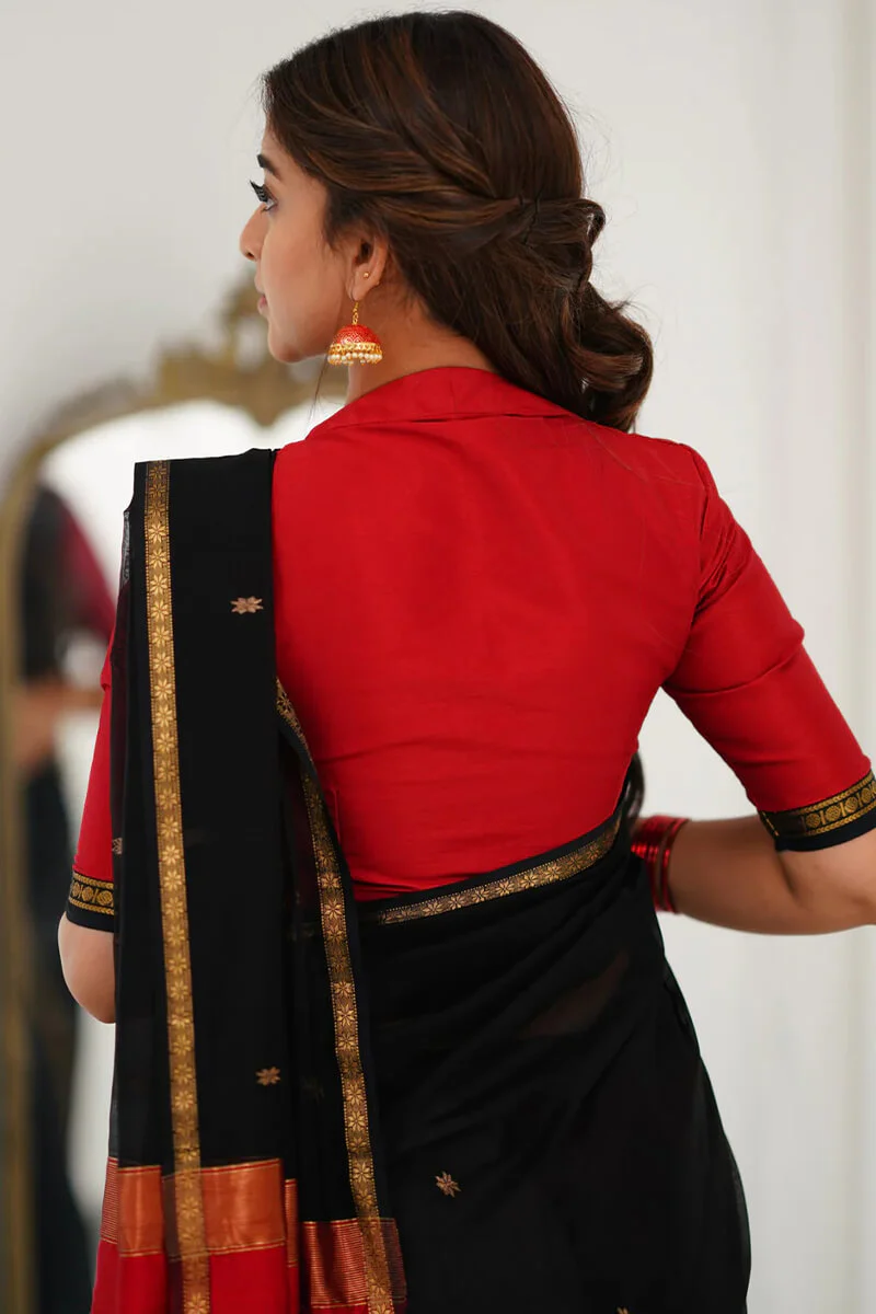 Embellished Black Cotton Silk Saree With Ethereal Blouse Piece - Image 5