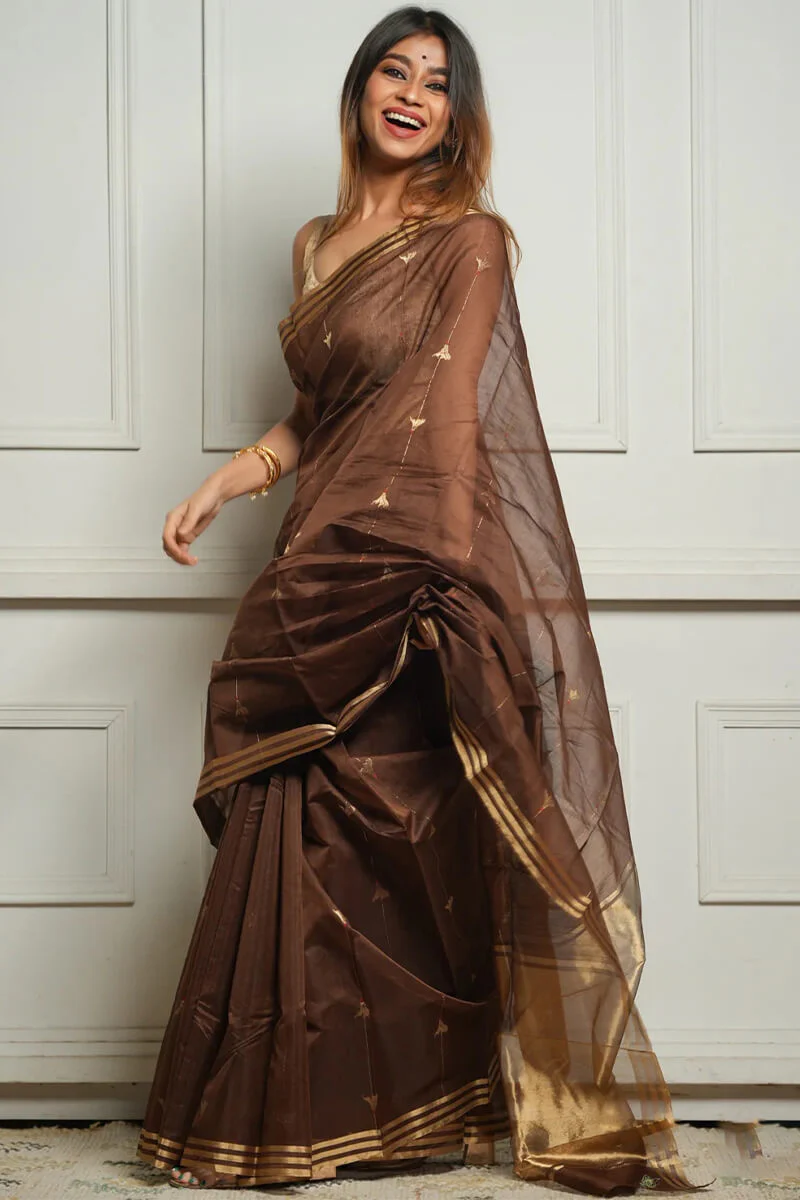 Embellished Brown Cotton Silk Saree With Felicitous Blouse Piece - Image 5