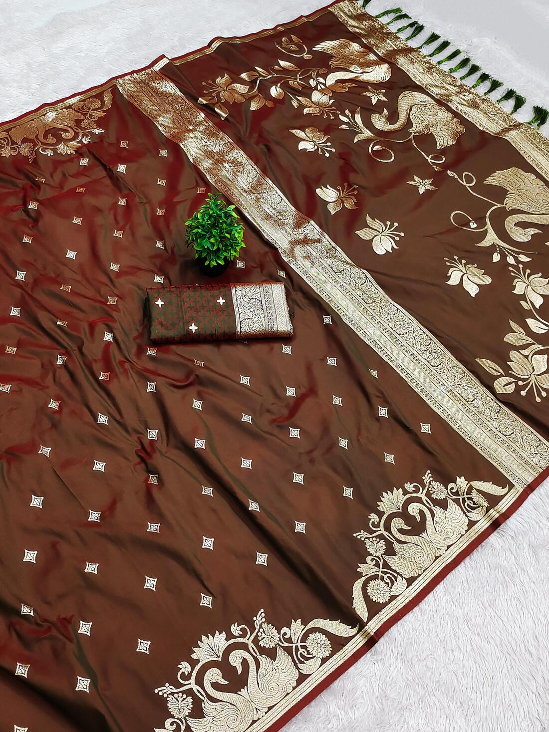 Embellished Brown Pure Zari Weaving Banarasi Silk Saree With Supernal Blouse Piece - Image 2