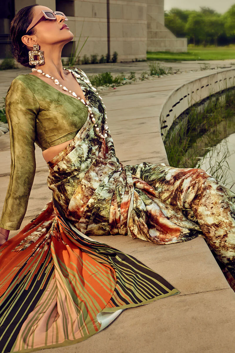 Embellished Green Digital Printed Satin Silk Saree With Effulgent Blouse Piece - Image 2