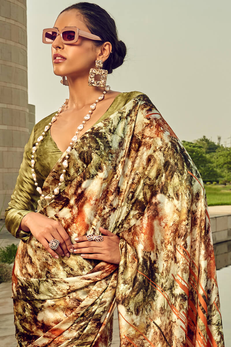 Embellished Green Digital Printed Satin Silk Saree With Effulgent Blouse Piece - Image 4