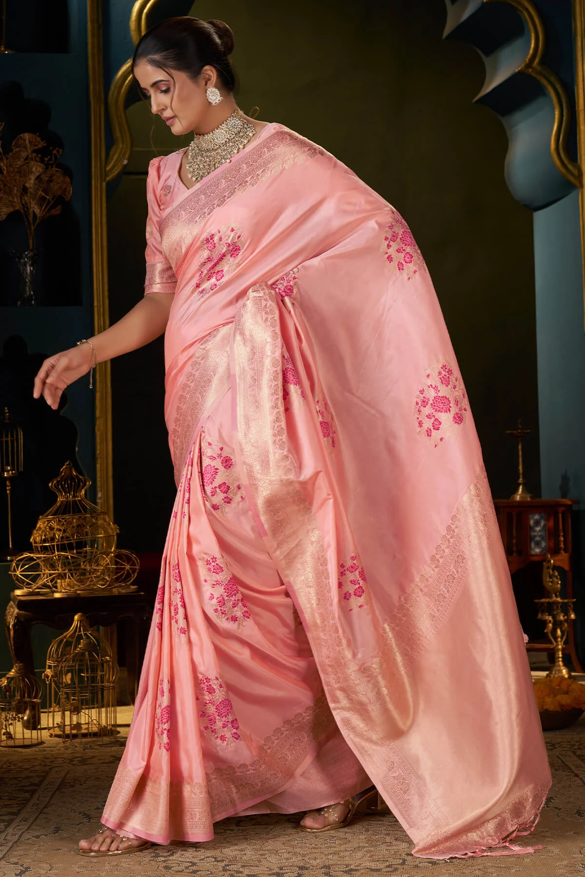 Embellished Peach Pure Zari Weaving Banarasi Silk Saree With Embrocation Blouse Piece - Image 3