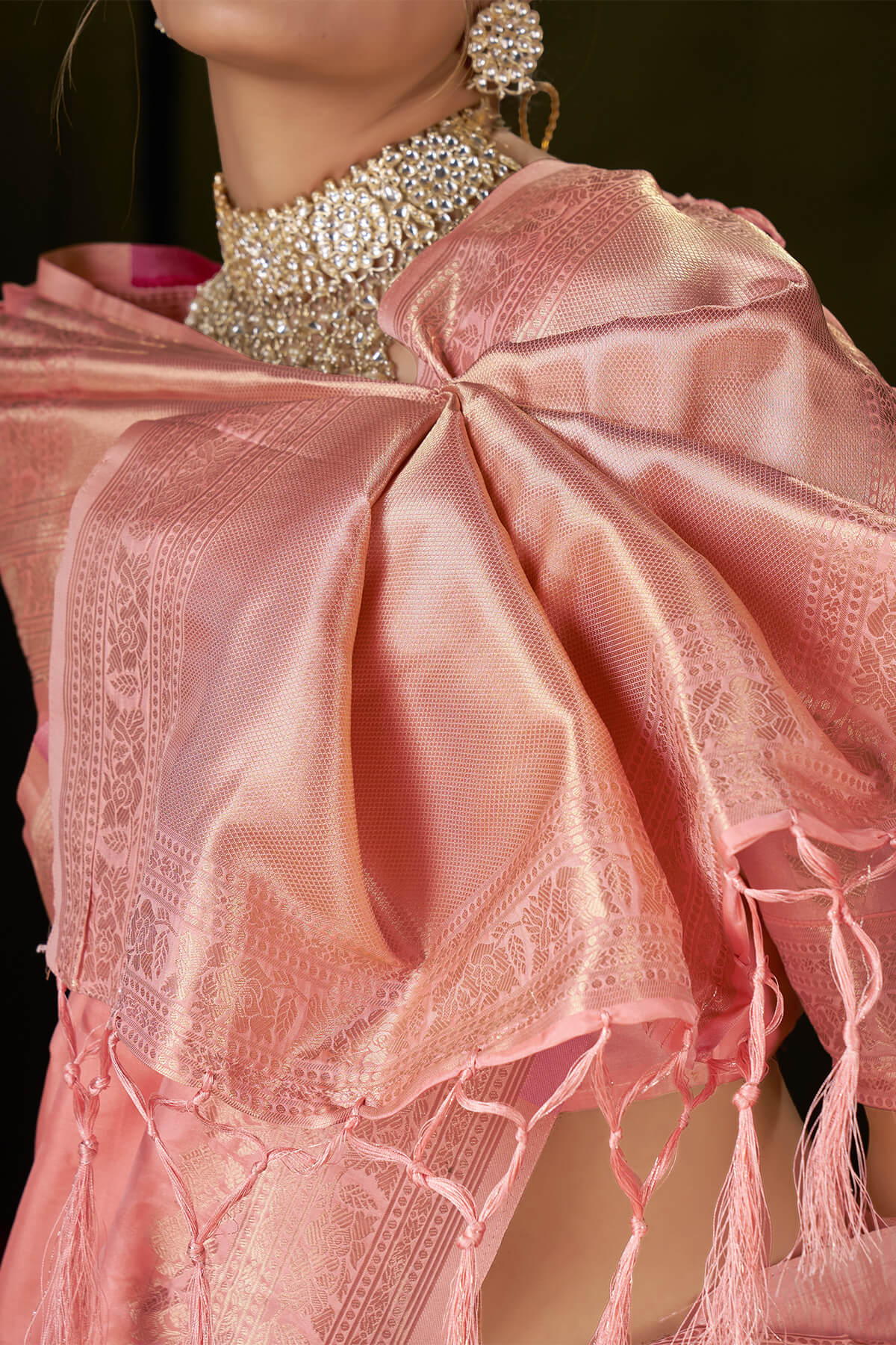 Embellished Peach Pure Zari Weaving Banarasi Silk Saree With Embrocation Blouse Piece - Image 4
