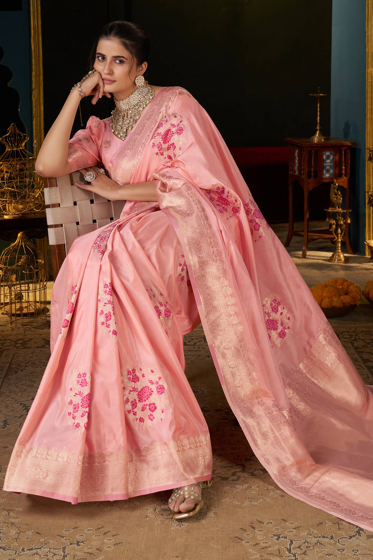 Embellished Peach Pure Zari Weaving Banarasi Silk Saree With Embrocation Blouse Piece - Image 5