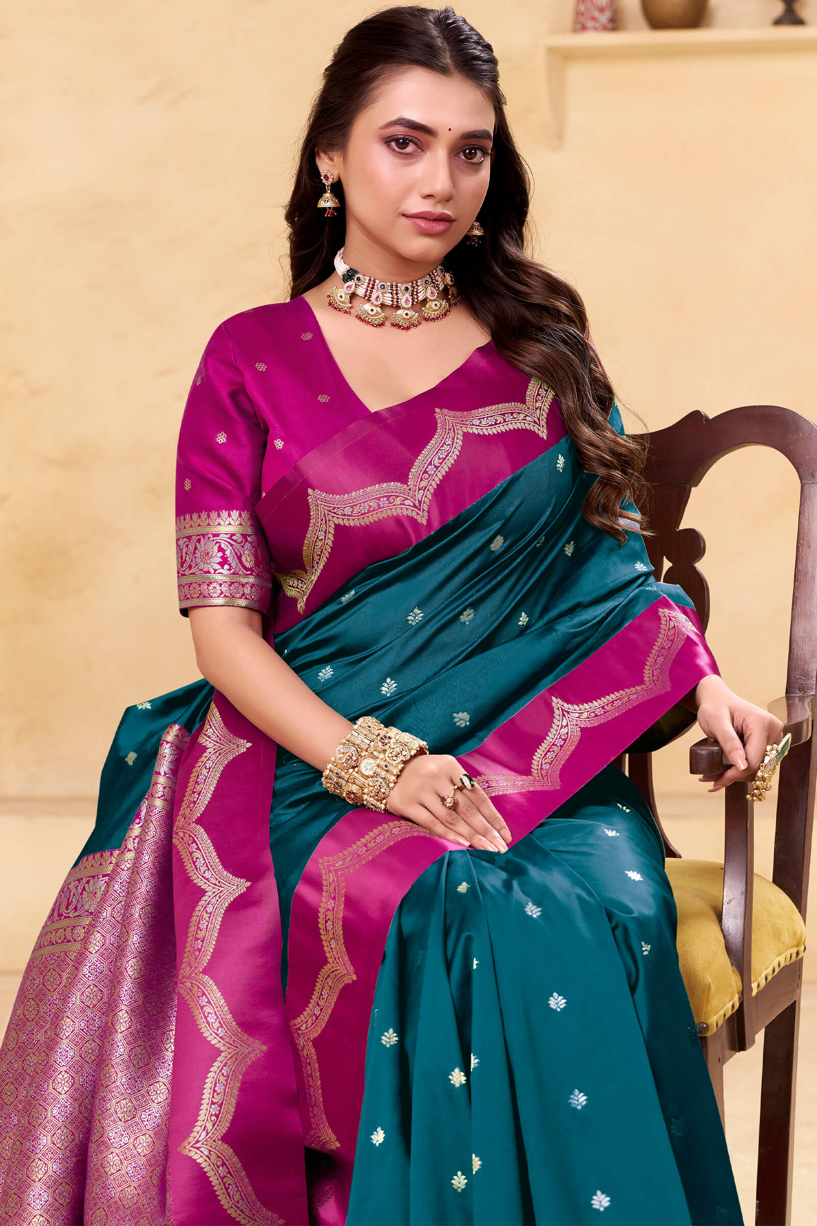 Embellished Rama Banarasi Satin Silk Saree With Resplendent Blouse - Image 2