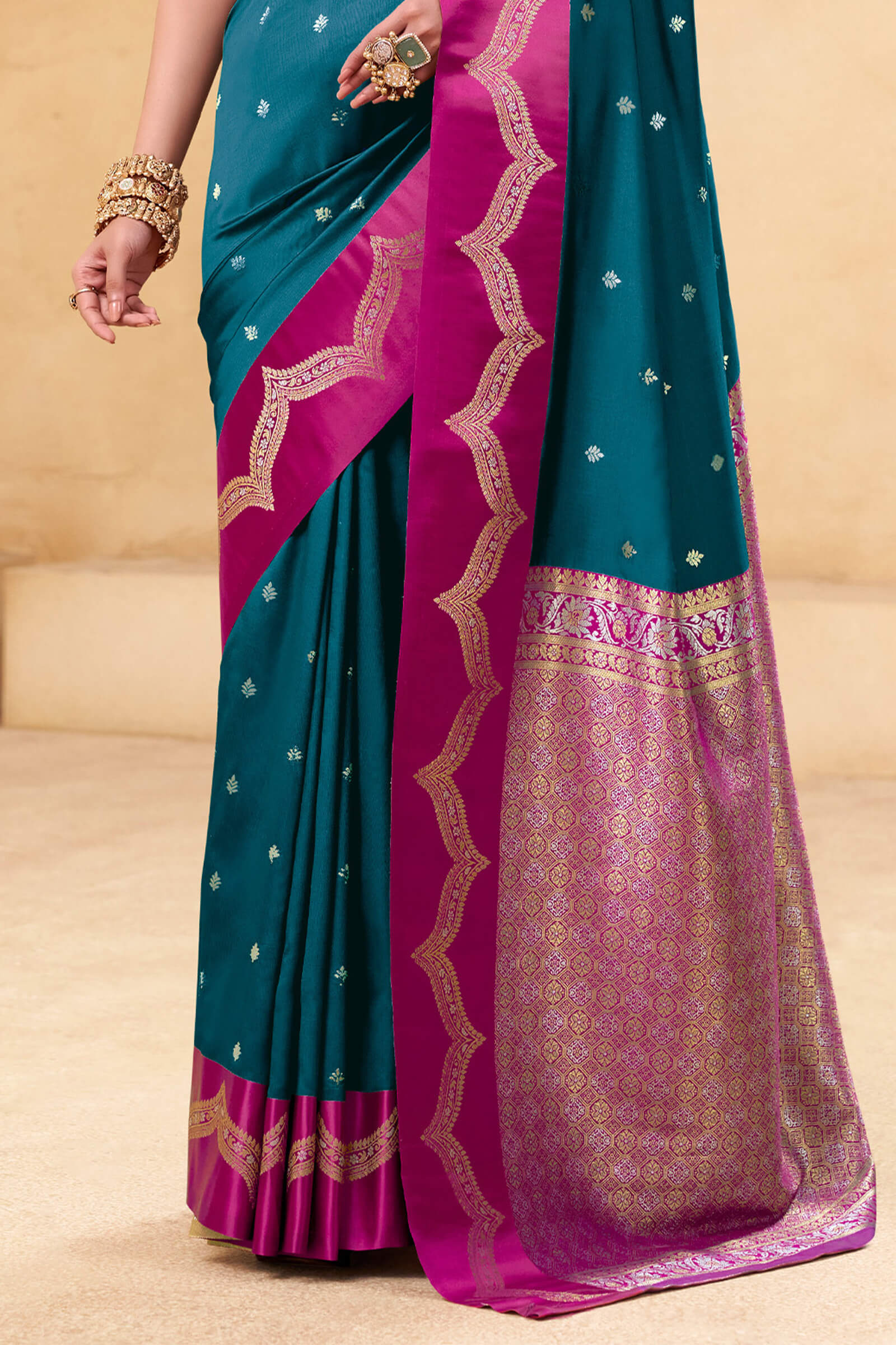 Embellished Rama Banarasi Satin Silk Saree With Resplendent Blouse - Image 3