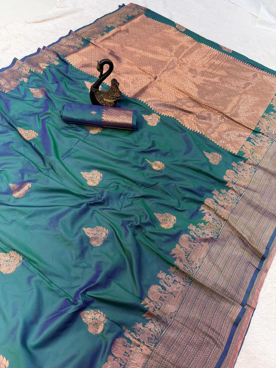 Embellished Rama Soft Banarasi Silk Saree With Gossamer Blouse Piece - Image 4